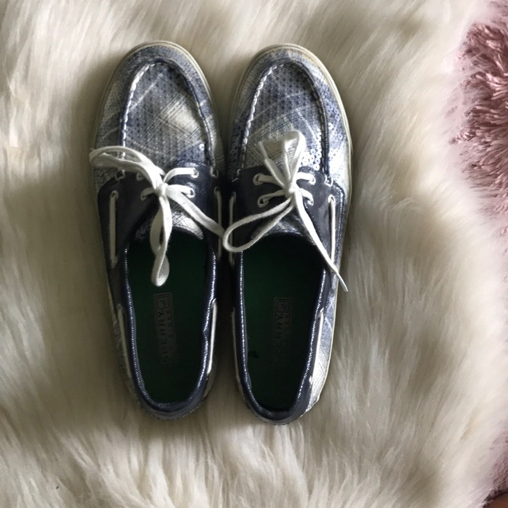 Blue/green plaid sequin sperrys
